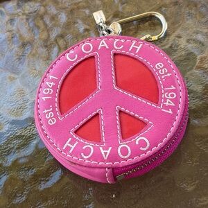 RARE Vintage Coach Peace Sign Coin Purse Keychain Charm Pink Red Leather 92686